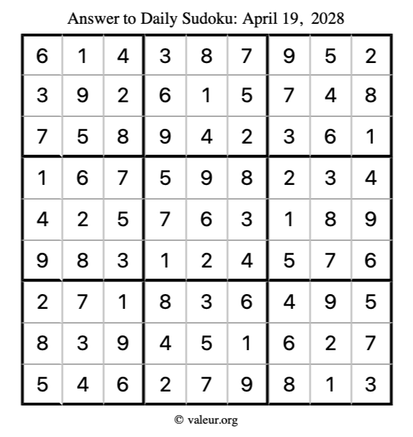 Answer to sudoku April 19, 2028