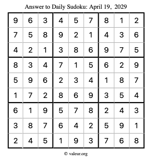 Answer to sudoku April 19, 2029