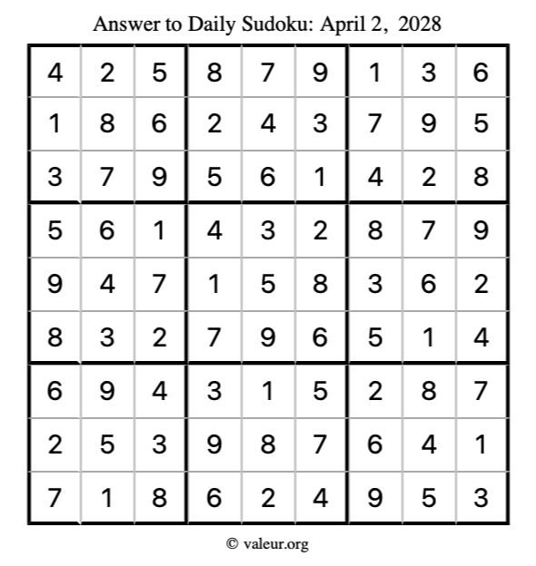 Answer to sudoku April 2, 2028