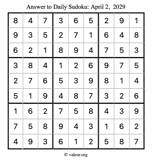 Answer to sudoku April 2, 2029
