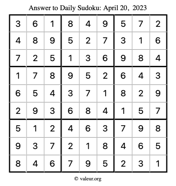 Answer to sudoku April 20, 2023