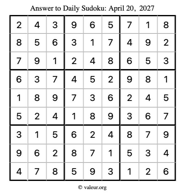 Answer to sudoku April 20, 2027