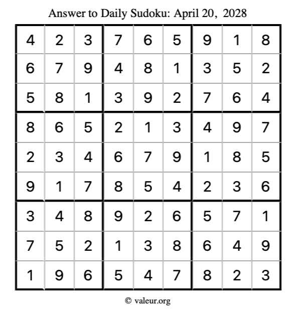 Answer to sudoku April 20, 2028