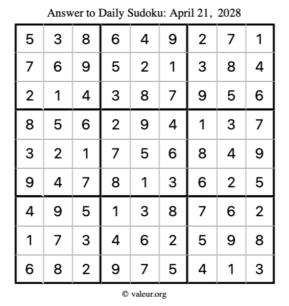 Answer to sudoku April 21, 2028
