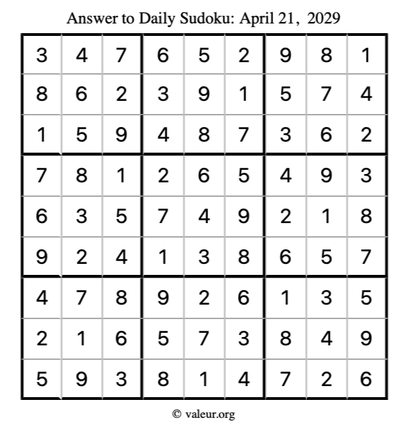 Answer to sudoku April 21, 2029