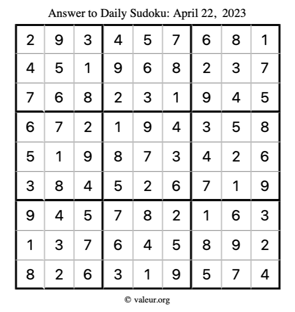 Answer to sudoku April 22, 2023