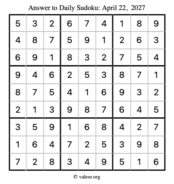 Answer to sudoku April 22, 2027
