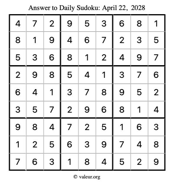 Answer to sudoku April 22, 2028