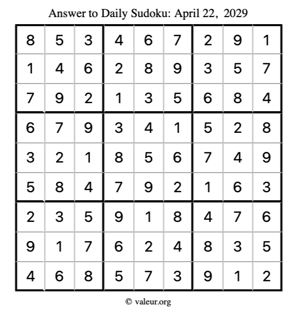 Answer to sudoku April 22, 2029