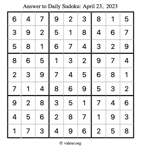 Answer to sudoku April 23, 2023