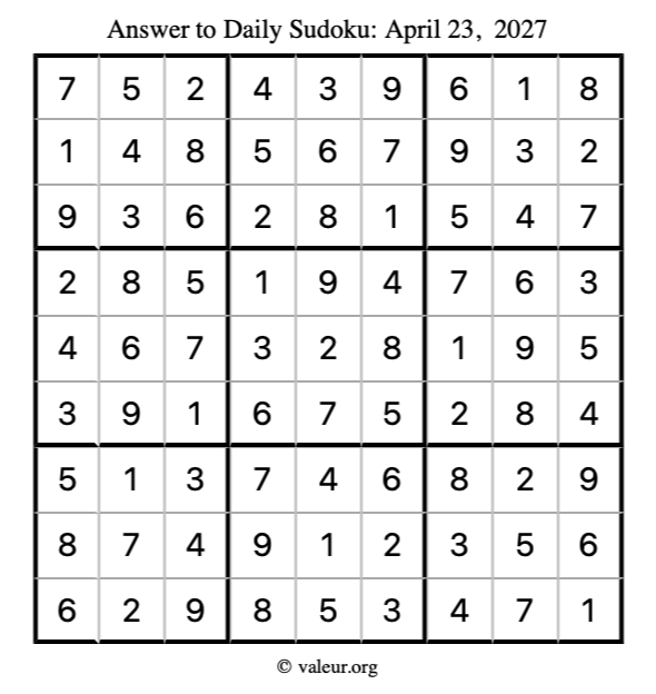 Answer to sudoku April 23, 2027