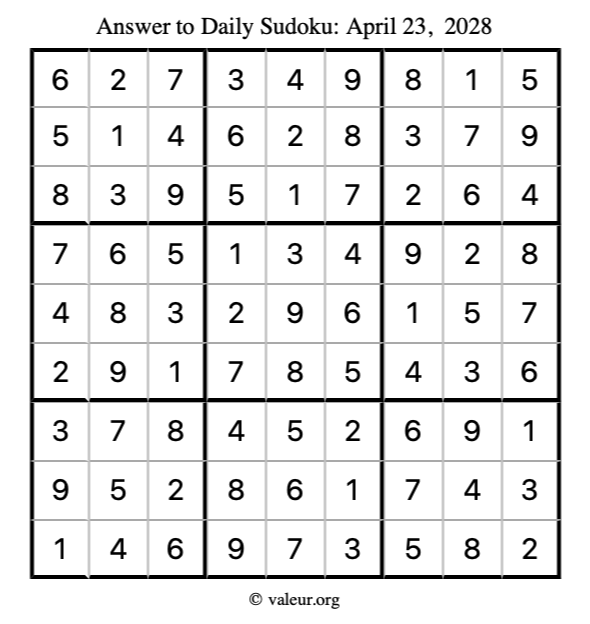 Answer to sudoku April 23, 2028