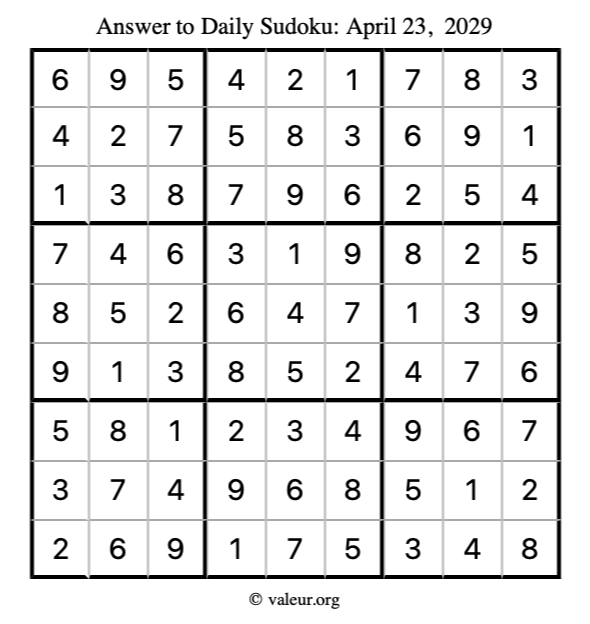Answer to sudoku April 23, 2029