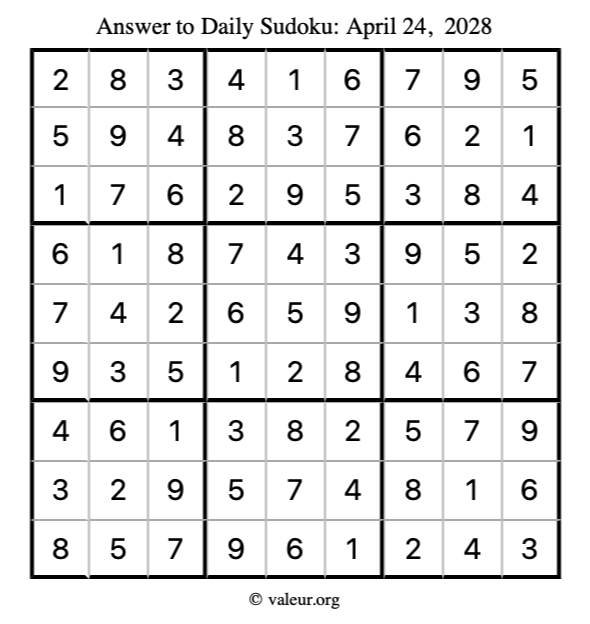 Answer to sudoku April 24, 2028