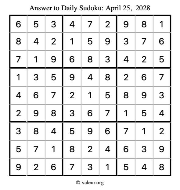 Answer to sudoku April 25, 2028