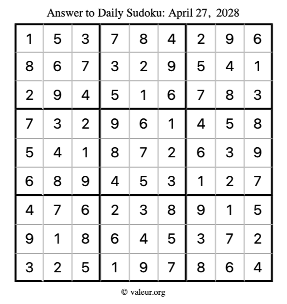 Answer to sudoku April 27, 2028