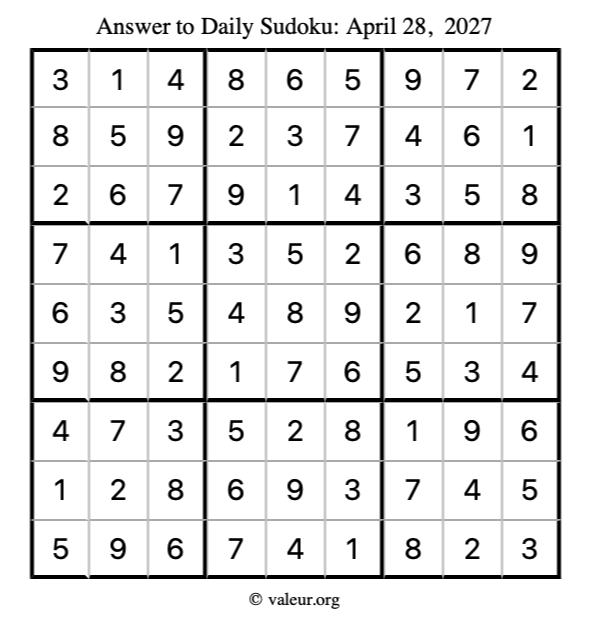 Answer to sudoku April 28, 2027