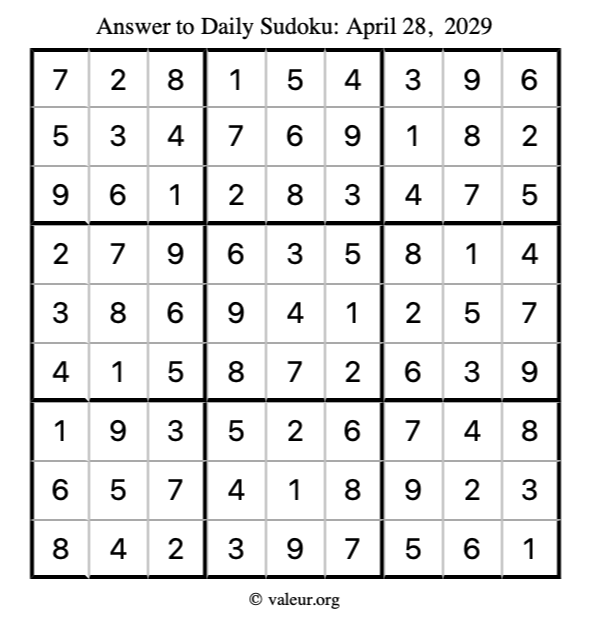 Answer to sudoku April 28, 2029