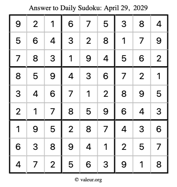 Answer to sudoku April 29, 2029