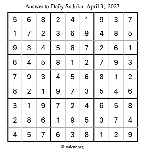 Answer to sudoku April 3, 2027