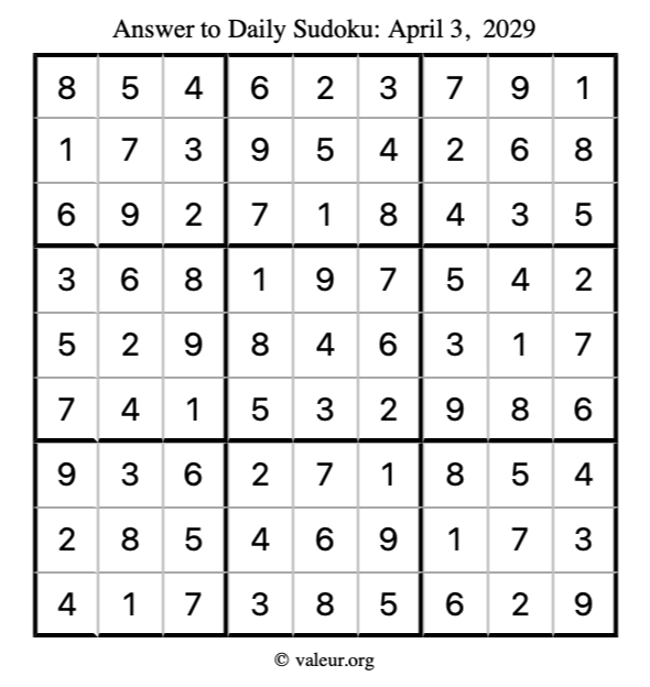 Answer to sudoku April 3, 2029