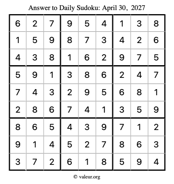 Answer to sudoku April 30, 2027
