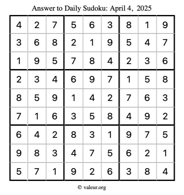 Answer to sudoku April 4, 2025