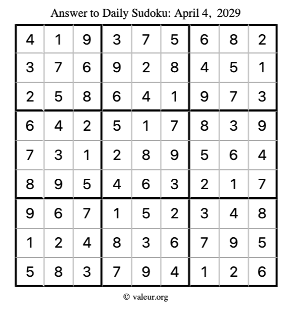 Answer to sudoku April 4, 2029