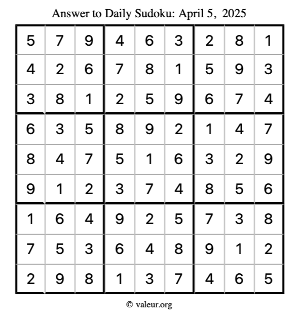 Answer to sudoku April 5, 2025