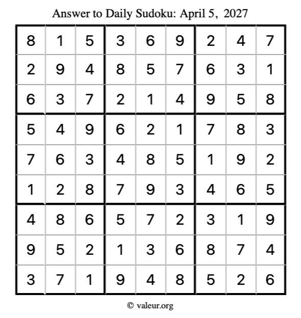 Answer to sudoku April 5, 2027