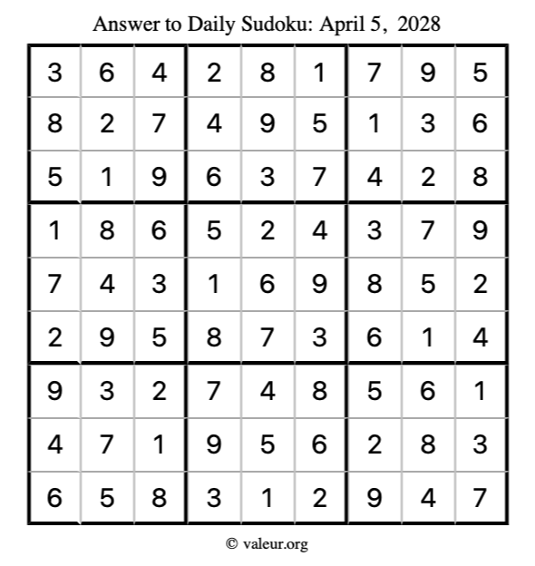 Answer to sudoku April 5, 2028