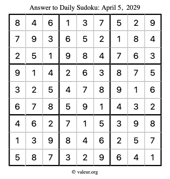 Answer to sudoku April 5, 2029