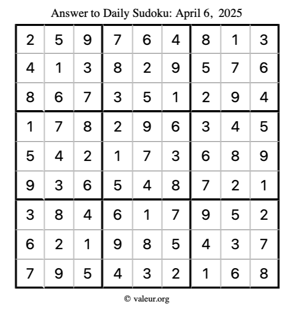 Answer to sudoku April 6, 2025