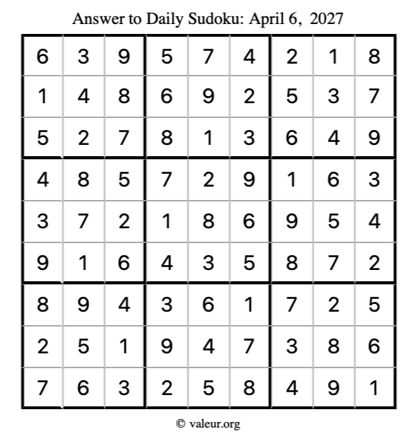 Answer to sudoku April 6, 2027