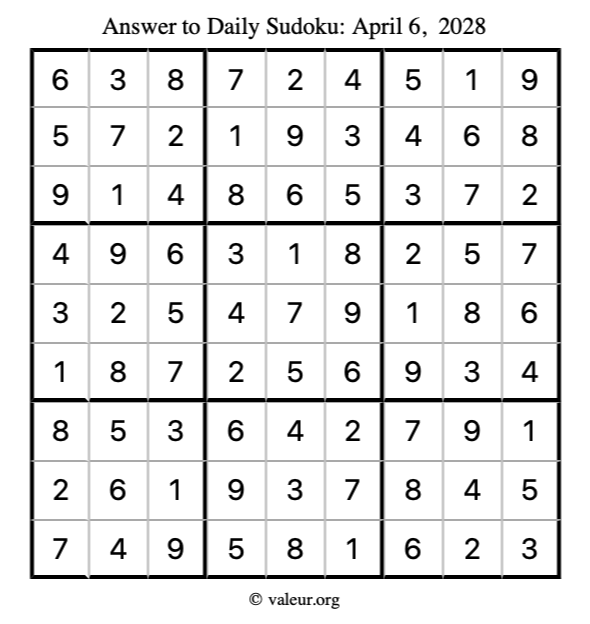 Answer to sudoku April 6, 2028