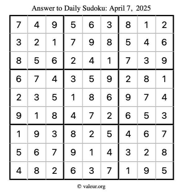 Answer to sudoku April 7, 2025
