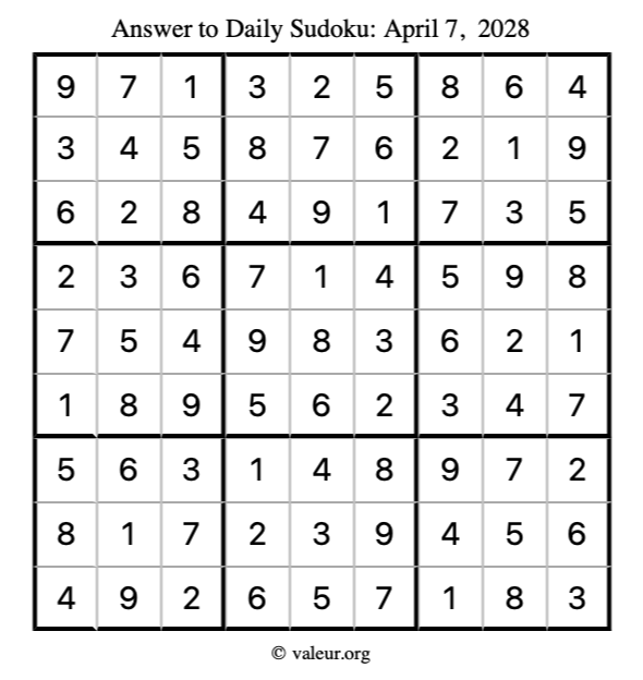 Answer to sudoku April 7, 2028