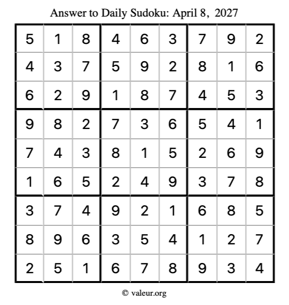 Answer to sudoku April 8, 2027