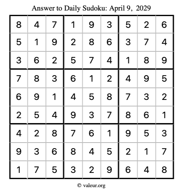 Answer to sudoku April 9, 2029