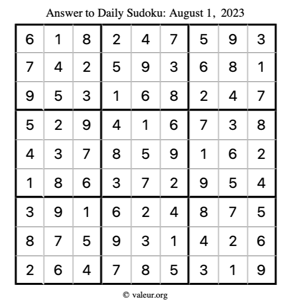Answer to sudoku August 1, 2023