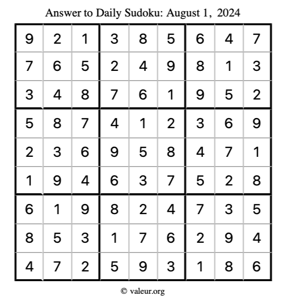 Answer to sudoku August 1, 2024