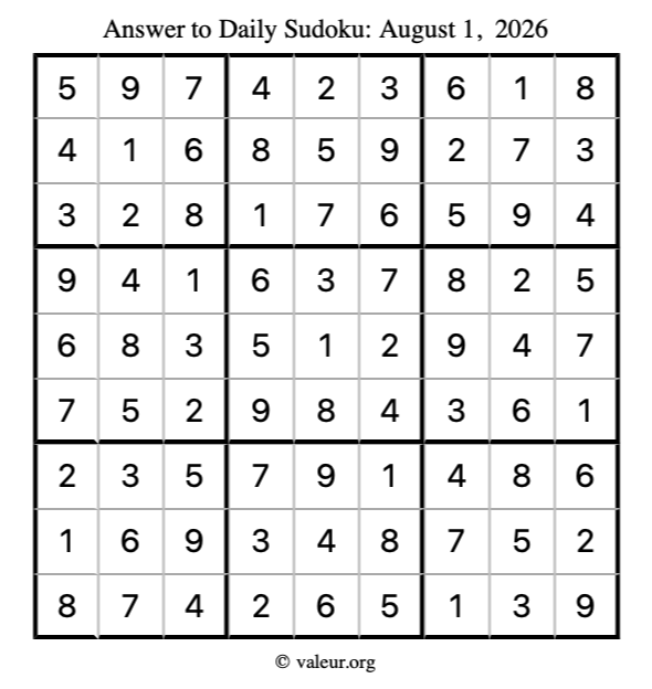 Answer to sudoku August 1, 2026