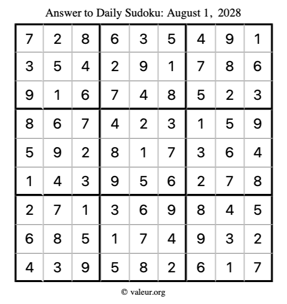 Answer to sudoku August 1, 2028
