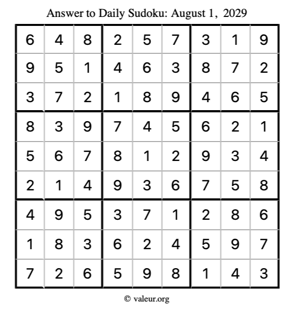 Answer to sudoku August 1, 2029