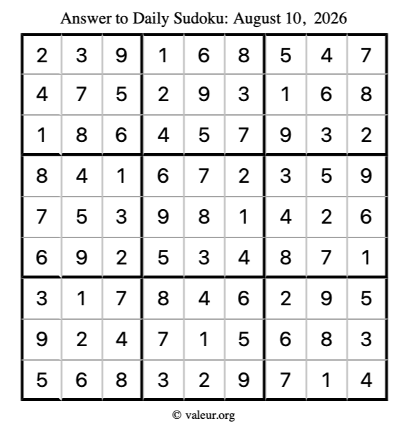 Answer to sudoku August 10, 2026
