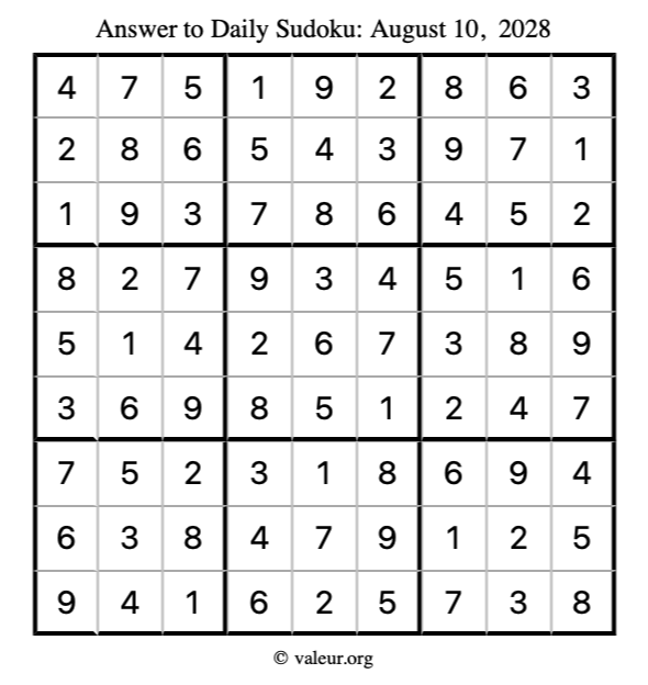 Answer to sudoku August 10, 2028