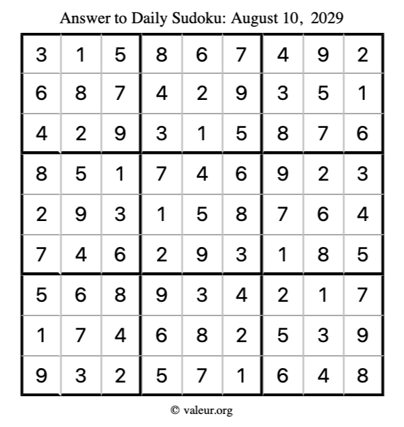 Answer to sudoku August 10, 2029