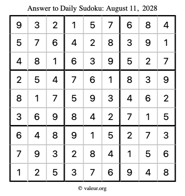 Answer to sudoku August 11, 2028