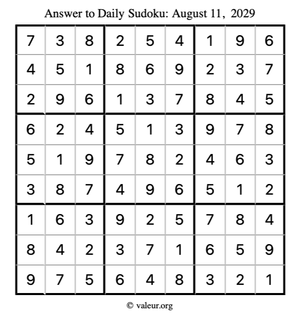 Answer to sudoku August 11, 2029