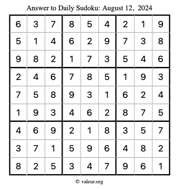 Answer to sudoku August 12, 2024